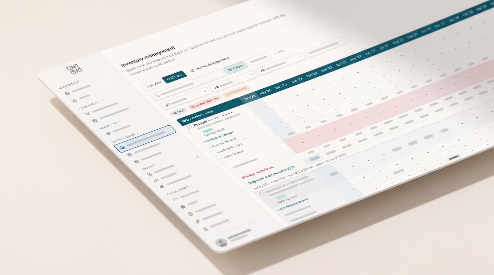 Orbit ERP supply and demand planning screen, anonymised